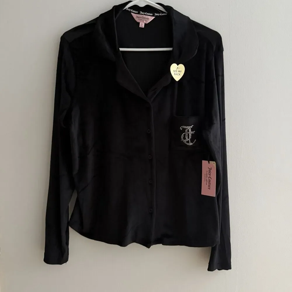Juicy Couture Black Velvet Lounge Top Juicy Logo Size M One Piece Only NWT